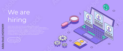 We are hiring online recruitment agency landing page. Choose employee human resources with laptop banner. Career opportunity HR business promo vacancy candidate. Isometric vector illustration