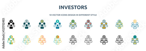 investors icon in 18 different styles such as thin line, thick line, two color, glyph, colorful, lineal color, detailed, stroke and gradient. set of investors vector for web, mobile, ui