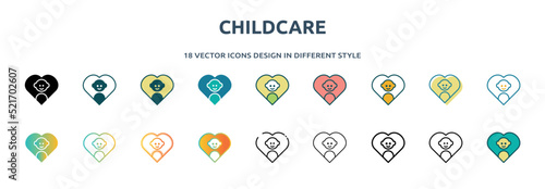 childcare icon in 18 different styles such as thin line, thick line, two color, glyph, colorful, lineal color, detailed, stroke and gradient. set of childcare vector for web, mobile, ui