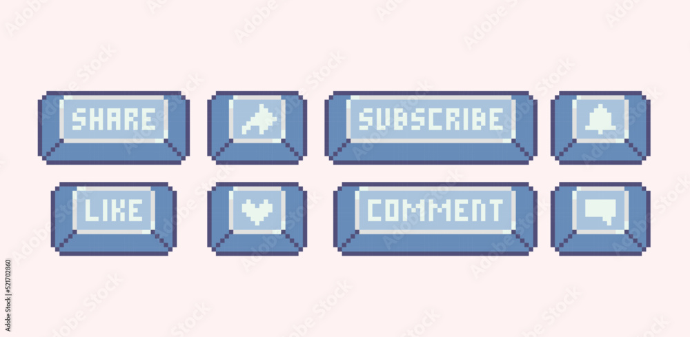 Social media banner pixel art set. Like, subscribe, comment, share buttons collection. 8 bit sprite. Game development, mobile app. Isolated vector illustration. Social media banner pixel art set. Like, subscribe, comment, share buttons collection. 8 bit sprite. Game development, mobile app. Isolated vector illustration.
