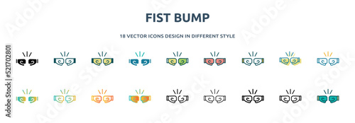 fist bump icon in 18 different styles such as thin line, thick line, two color, glyph, colorful, lineal color, detailed, stroke and gradient. set of fist bump vector for web, mobile, ui photo