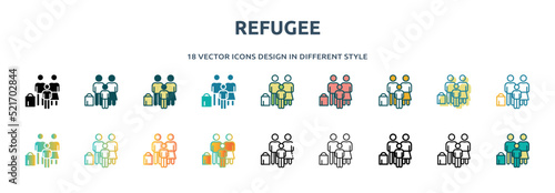 refugee icon in 18 different styles such as thin line, thick line, two color, glyph, colorful, lineal color, detailed, stroke and gradient. set of refugee vector for web, mobile, ui