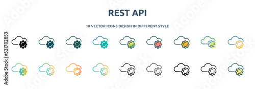 rest api icon in 18 different styles such as thin line, thick line, two color, glyph, colorful, lineal color, detailed, stroke and gradient. set of rest api vector for web, mobile, ui