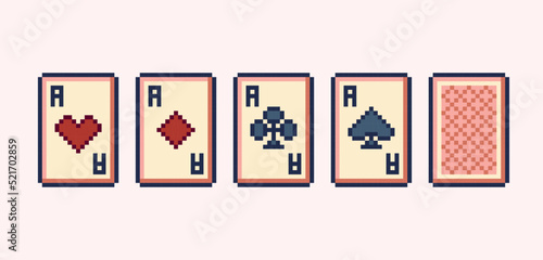Poker cards pixel art set. Ace clubs, diamonds, hearts, crosses collection. 8 bit sprite. Game development, mobile app.  Isolated vector illustration.