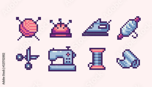 Sewing, tailoring pixel art set. Yarn, thread, spool, scissors, pins, sewing machine, iron, fabric collection. 8 bit sprite. Game development, mobile app.  Isolated vector illustration.