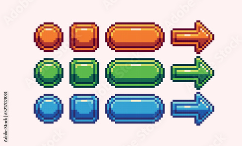 Buttons pixel art set. Square, circle, arrow push interface collection. 8 bit sprite. Game development, mobile app.  Isolated vector illustration.