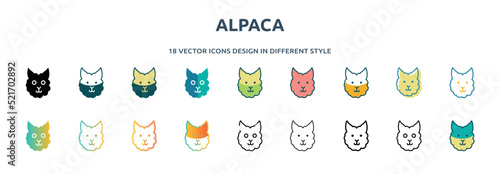 alpaca icon in 18 different styles such as thin line, thick line, two color, glyph, colorful, lineal color, detailed, stroke and gradient. set of alpaca vector for web, mobile, ui