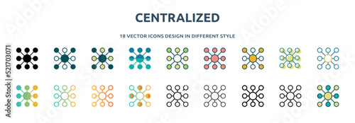 centralized icon in 18 different styles such as thin line, thick line, two color, glyph, colorful, lineal color, detailed, stroke and gradient. set of centralized vector for web, mobile, ui