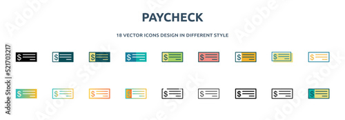 paycheck icon in 18 different styles such as thin line, thick line, two color, glyph, colorful, lineal color, detailed, stroke and gradient. set of paycheck vector for web, mobile, ui photo