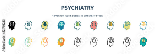 psychiatry icon in 18 different styles such as thin line, thick line, two color, glyph, colorful, lineal color, detailed, stroke and gradient. set of psychiatry vector for web, mobile, ui