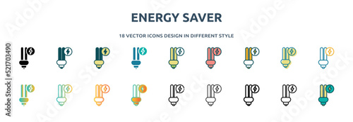 energy saver icon in 18 different styles such as thin line, thick line, two color, glyph, colorful, lineal color, detailed, stroke and gradient. set of energy saver vector for web, mobile, ui