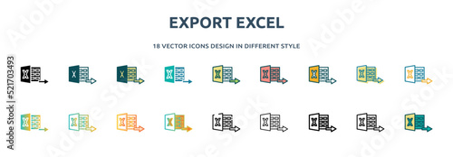 export excel icon in 18 different styles such as thin line, thick line, two color, glyph, colorful, lineal color, detailed, stroke and gradient. set of export excel vector for web, mobile, ui