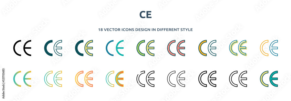 ce icon in 18 different styles such as thin line, thick line, two color, glyph, colorful, lineal color, detailed, stroke and gradient. set of ce vector for web, mobile, ui - obrazy, fototapety, plakaty 