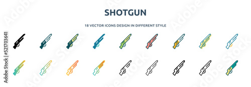 shotgun icon in 18 different styles such as thin line, thick line, two color, glyph, colorful, lineal color, detailed, stroke and gradient. set of shotgun vector for web, mobile, ui