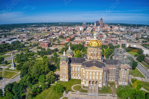 Aerial View of the Iowa State Capitol Building with Des Moine Skyline