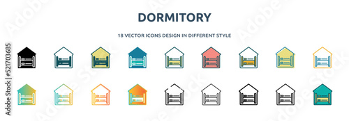 dormitory icon in 18 different styles such as thin line, thick line, two color, glyph, colorful, lineal color, detailed, stroke and gradient. set of dormitory vector for web, mobile, ui