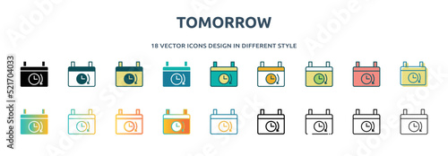 tomorrow icon in 18 different styles such as thin line, thick line, two color, glyph, colorful, lineal color, detailed, stroke and gradient. set of tomorrow vector for web, mobile, ui