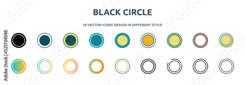 black circle icon in 18 different styles such as thin line, thick line, two color, glyph, colorful, lineal color, detailed, stroke and gradient. set of black circle vector for web, mobile, ui