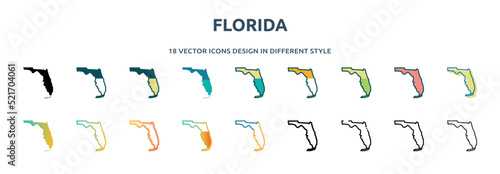 florida icon in 18 different styles such as thin line, thick line, two color, glyph, colorful, lineal color, detailed, stroke and gradient. set of florida vector for web, mobile, ui