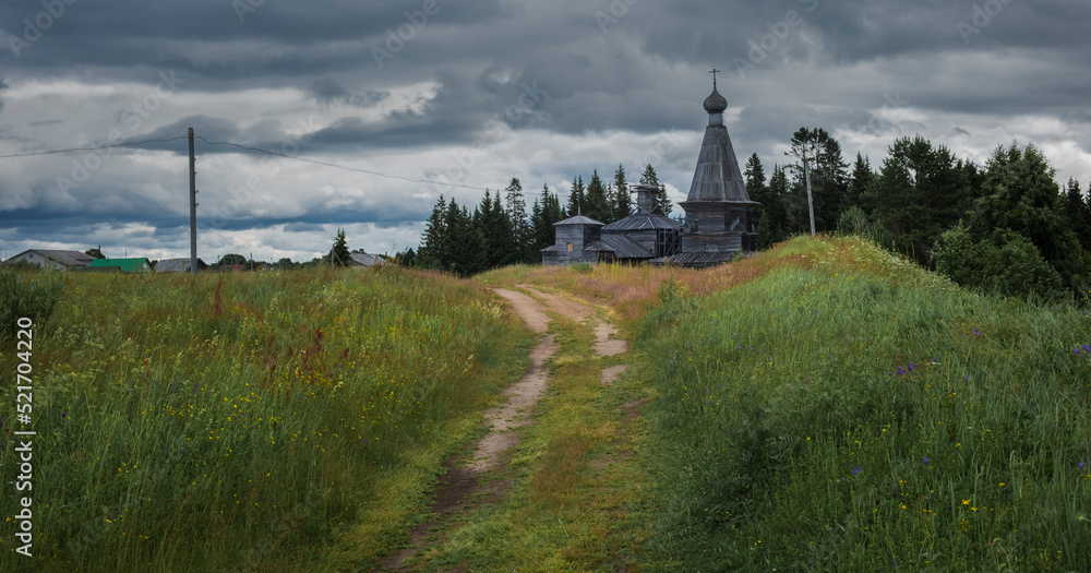 Wooden Church of the Nativity in the ancient village of Purnema in the Arkhangelsk region of Russia