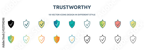 trustworthy icon in 18 different styles such as thin line, thick line, two color, glyph, colorful, lineal color, detailed, stroke and gradient. set of trustworthy vector for web, mobile, ui