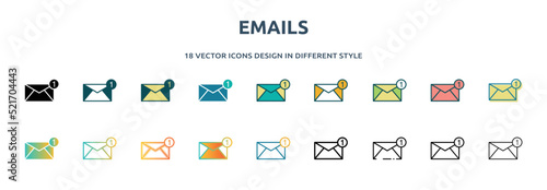 emails icon in 18 different styles such as thin line, thick line, two color, glyph, colorful, lineal color, detailed, stroke and gradient. set of emails vector for web, mobile, ui