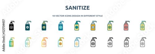 sanitize icon in 18 different styles such as thin line, thick line, two color, glyph, colorful, lineal color, detailed, stroke and gradient. set of sanitize vector for web, mobile, ui