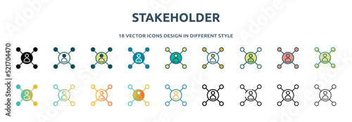stakeholder icon in 18 different styles such as thin line, thick line, two color, glyph, colorful, lineal color, detailed, stroke and gradient. set of stakeholder vector for web, mobile, ui