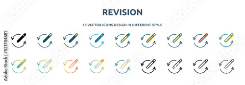 revision icon in 18 different styles such as thin line, thick line, two color, glyph, colorful, lineal color, detailed, stroke and gradient. set of revision vector for web, mobile, ui