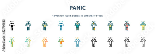panic icon in 18 different styles such as thin line, thick line, two color, glyph, colorful, lineal color, detailed, stroke and gradient. set of panic vector for web, mobile, ui