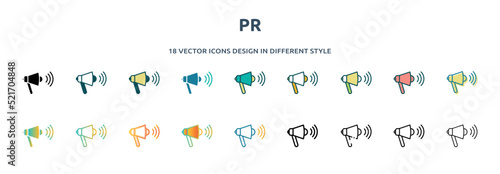 pr icon in 18 different styles such as thin line, thick line, two color, glyph, colorful, lineal color, detailed, stroke and gradient. set of pr vector for web, mobile, ui