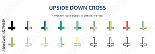 upside down cross icon in 18 different styles such as thin line, thick line, two color, glyph, colorful, lineal color, detailed, stroke and gradient. set of upside down cross vector for web, mobile,