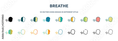breathe icon in 18 different styles such as thin line, thick line, two color, glyph, colorful, lineal color, detailed, stroke and gradient. set of breathe vector for web, mobile, ui