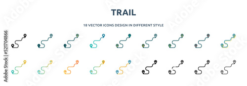 trail icon in 18 different styles such as thin line, thick line, two color, glyph, colorful, lineal color, detailed, stroke and gradient. set of trail vector for web, mobile, ui