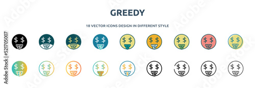 greedy icon in 18 different styles such as thin line, thick line, two color, glyph, colorful, lineal color, detailed, stroke and gradient. set of greedy vector for web, mobile, ui