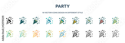 party icon in 18 different styles such as thin line, thick line, two color, glyph, colorful, lineal color, detailed, stroke and gradient. set of party vector for web, mobile, ui