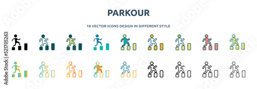 parkour icon in 18 different styles such as thin line, thick line, two color, glyph, colorful, lineal color, detailed, stroke and gradient. set of parkour vector for web, mobile, ui