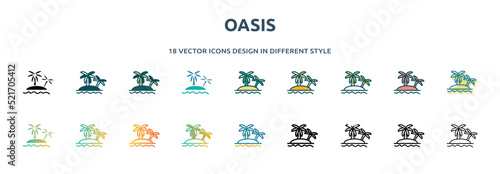 oasis icon in 18 different styles such as thin line, thick line, two color, glyph, colorful, lineal color, detailed, stroke and gradient. set of oasis vector for web, mobile, ui