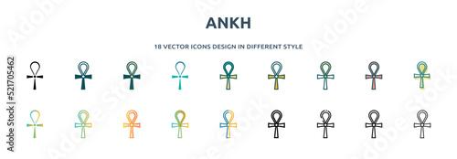 ankh icon in 18 different styles such as thin line, thick line, two color, glyph, colorful, lineal color, detailed, stroke and gradient. set of ankh vector for web, mobile, ui