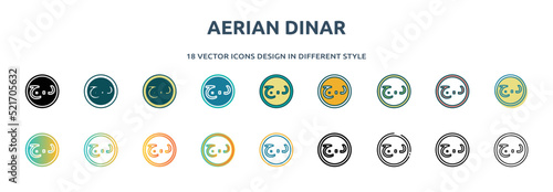 aerian dinar icon in 18 different styles such as thin line, thick line, two color, glyph, colorful, lineal color, detailed, stroke and gradient. set of aerian dinar vector for web, mobile, ui