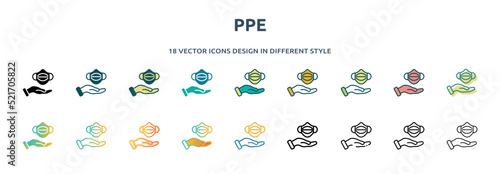ppe icon in 18 different styles such as thin line, thick line, two color, glyph, colorful, lineal color, detailed, stroke and gradient. set of ppe vector for web, mobile, ui