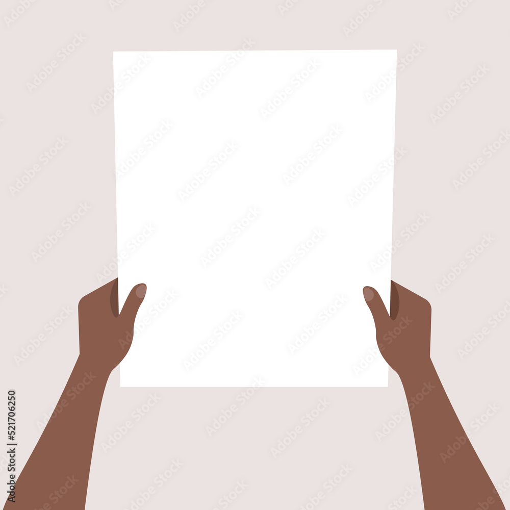 Flat illustration of african hands holding a sheet of paper with place for text Flat illustration of african hands holding a sheet of paper with place for text