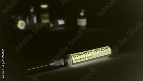 Invert color picture.
Syringe vaccines for protect momkeypox  , smallpox and mpxv virus. A vial of vaccine for Monkeypox virus. 