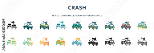crash icon in 18 different styles such as thin line, thick line, two color, glyph, colorful, lineal color, detailed, stroke and gradient. set of crash vector for web, mobile, ui