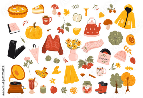 Vector set of autumn elements: pumpkin, falling leaves, cozy food, clothes, mushrooms and more. Scrapbook collection of fall season elements. Bright background for harvest time. Autumn greeting card 