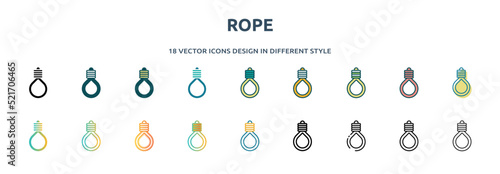 rope icon in 18 different styles such as thin line, thick line, two color, glyph, colorful, lineal color, detailed, stroke and gradient. set of rope vector for web, mobile, ui