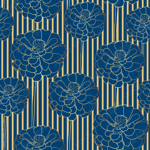 Art deco vintage seamless pattern. Mix of Golden stripes and floral elements on blue background. Luxury dark blue flower stem with gold outline