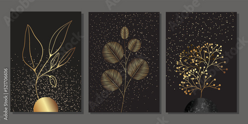 Set of luxury gold wall art. Golden leaves, japanese style branches, berries, tree. Abstract minimalist art mural illustration with linear plants and glitter effect starry sky on black background