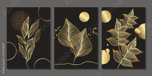Set of luxury gold wall art. Linear golden leaves, branches, berries, tree, circle. Abstract minimalist landscape with line art plants on black background