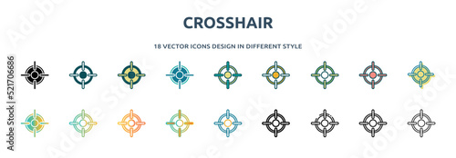 crosshair icon in 18 different styles such as thin line, thick line, two color, glyph, colorful, lineal color, detailed, stroke and gradient. set of crosshair vector for web, mobile, ui